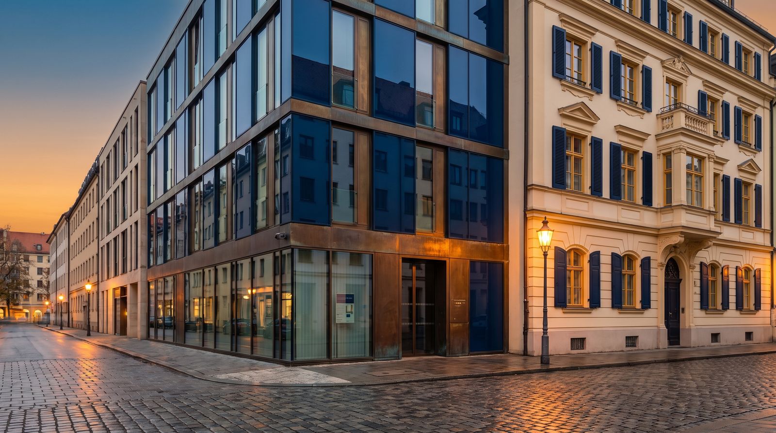 Münchner Bankfiliale und moderne Wohnimmobilie, symbolisiert die Wahl zwischen verschiedenen Wegen zur Finanzierungsbestätigung